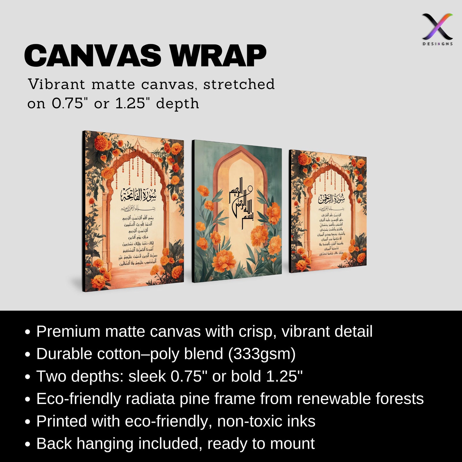 Set of 3 framed canvas triptych with Surah Al-Rahman, Bismillah and Surah Al-Fatiha in Arabic calligraphy inside terracotta arches with orange marigold flowers and teal accents, displayed above a neutral sofa.