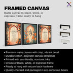 Set of 3 framed canvas triptych with Surah Al-Rahman, Bismillah and Surah Al-Fatiha in Arabic calligraphy inside terracotta arches with orange marigold flowers and teal accents, displayed above a neutral sofa.