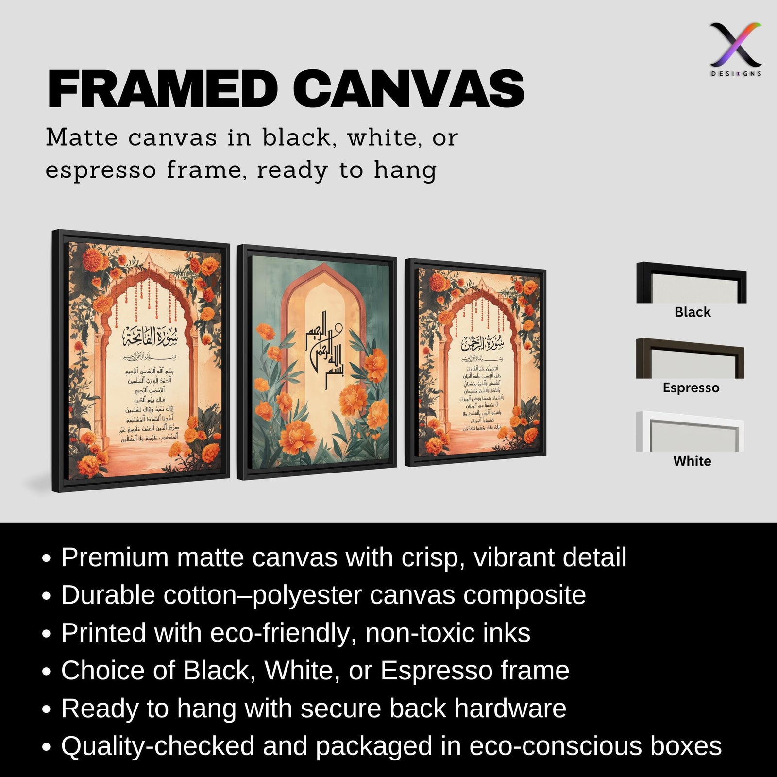 Set of 3 framed canvas triptych with Surah Al-Rahman, Bismillah and Surah Al-Fatiha in Arabic calligraphy inside terracotta arches with orange marigold flowers and teal accents, displayed above a neutral sofa.