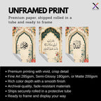 Set of 3 framed canvas triptych featuring Allah, a Quranic dua and Muhammad in Arabic calligraphy inside soft teal floral arches with roses and blossoms on a warm cream background, displayed above a neutral sofa.