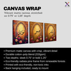 Set of 3 framed canvas triptych with Sabr, Shukr and Tawakkul Arabic calligraphy inside golden Islamic arches, rich red and amber tones with painted roses, displayed on a warm neutral wall above a grey sofa.