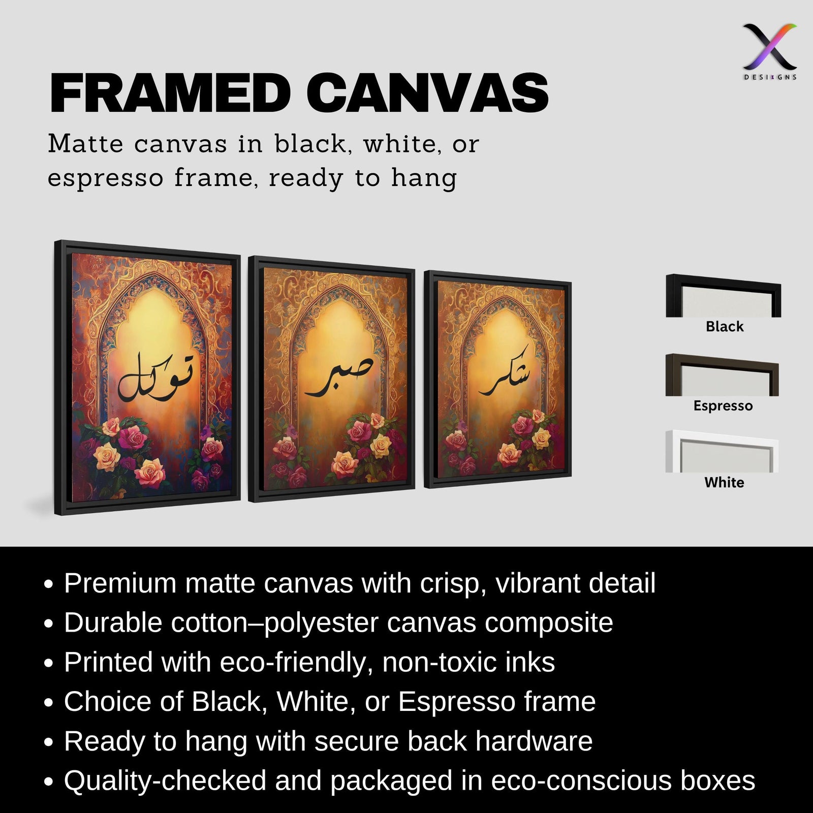 Set of 3 framed canvas triptych with Sabr, Shukr and Tawakkul Arabic calligraphy inside golden Islamic arches, rich red and amber tones with painted roses, displayed on a warm neutral wall above a grey sofa.