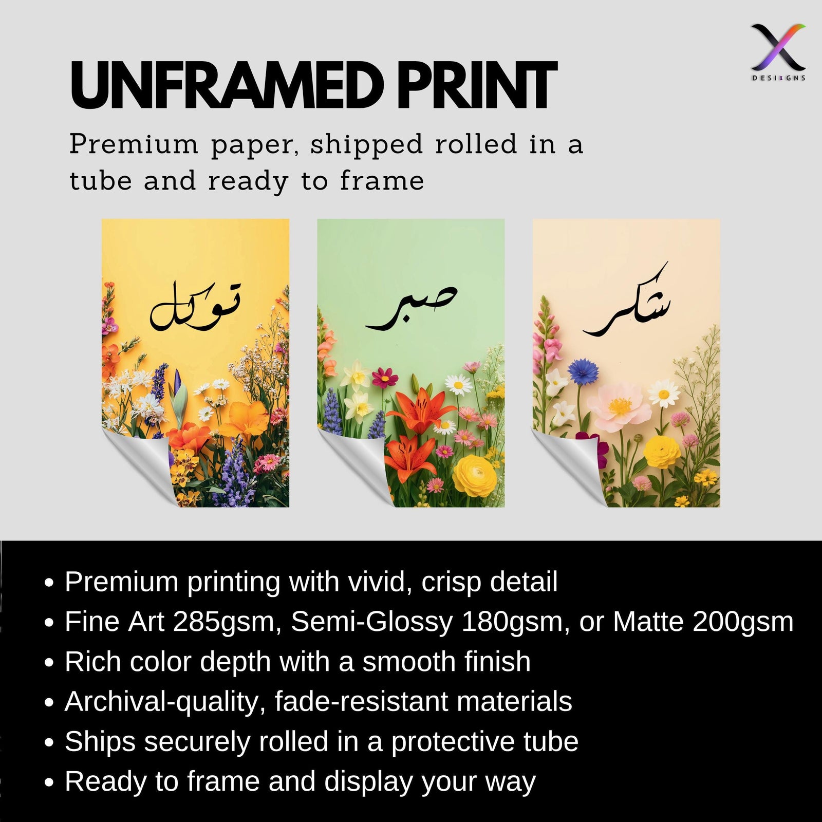 Set of 3 framed canvas triptych with Tawakkul, Sabr and Shukr in Arabic calligraphy above vibrant wildflower gardens on pastel yellow, green and peach backgrounds, displayed above a neutral sofa.