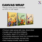 Set of 3 framed canvas triptych with Tawakkul, Sabr and Shukr in Arabic calligraphy above vibrant wildflower gardens on pastel yellow, green and peach backgrounds, displayed above a neutral sofa.