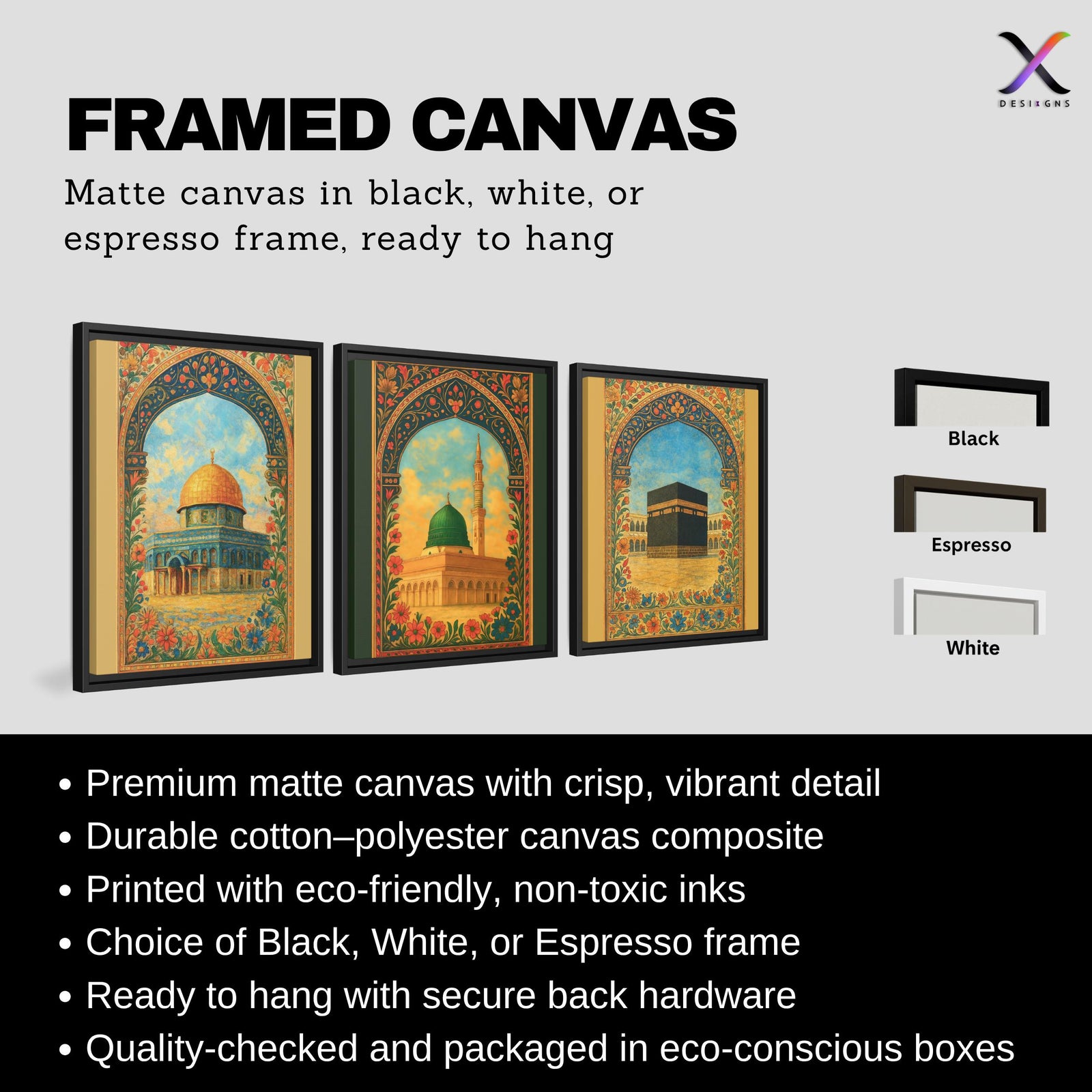 Set of 3 framed canvas triptych depicting Al-Masjid An-Nabawi, the Kaaba and the Dome of the Rock in warm golden mosaic style with vibrant floral arch borders, displayed above a neutral sofa.