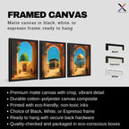 Set of 3 framed canvas triptych depicting the Dome of the Rock, the Kaaba and Al-Masjid An-Nabawi viewed through warm stone arches in a rich painterly style, displayed above a neutral sofa in a modern living room.