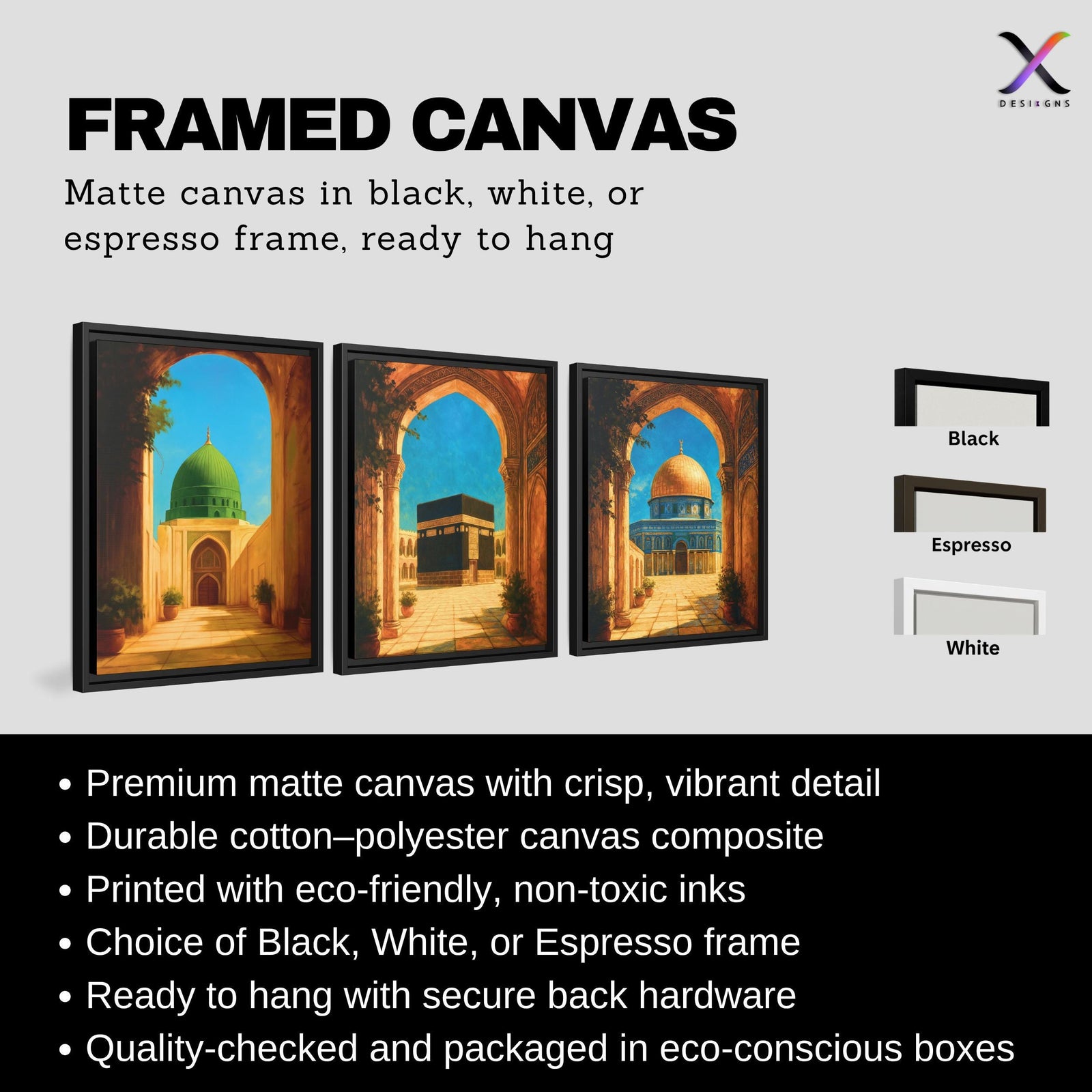 Set of 3 framed canvas triptych depicting the Dome of the Rock, the Kaaba and Al-Masjid An-Nabawi viewed through warm stone arches in a rich painterly style, displayed above a neutral sofa in a modern living room.