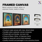 Set of 3 framed canvas triptych showing the Kaaba, Dome of the Rock and Al-Masjid An-Nabawi framed through ornate Islamic arches in rich watercolor teal, blue and gold tones, displayed above a neutral sofa.