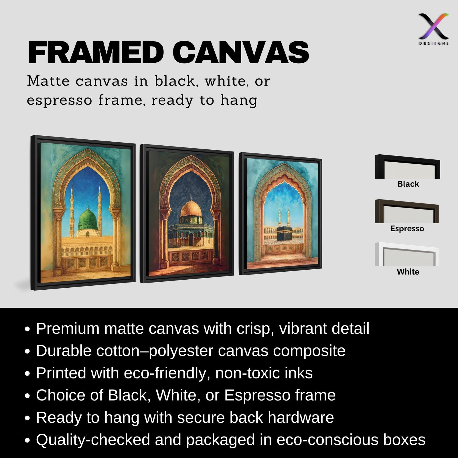 Set of 3 framed canvas triptych showing the Kaaba, Dome of the Rock and Al-Masjid An-Nabawi framed through ornate Islamic arches in rich watercolor teal, blue and gold tones, displayed above a neutral sofa.