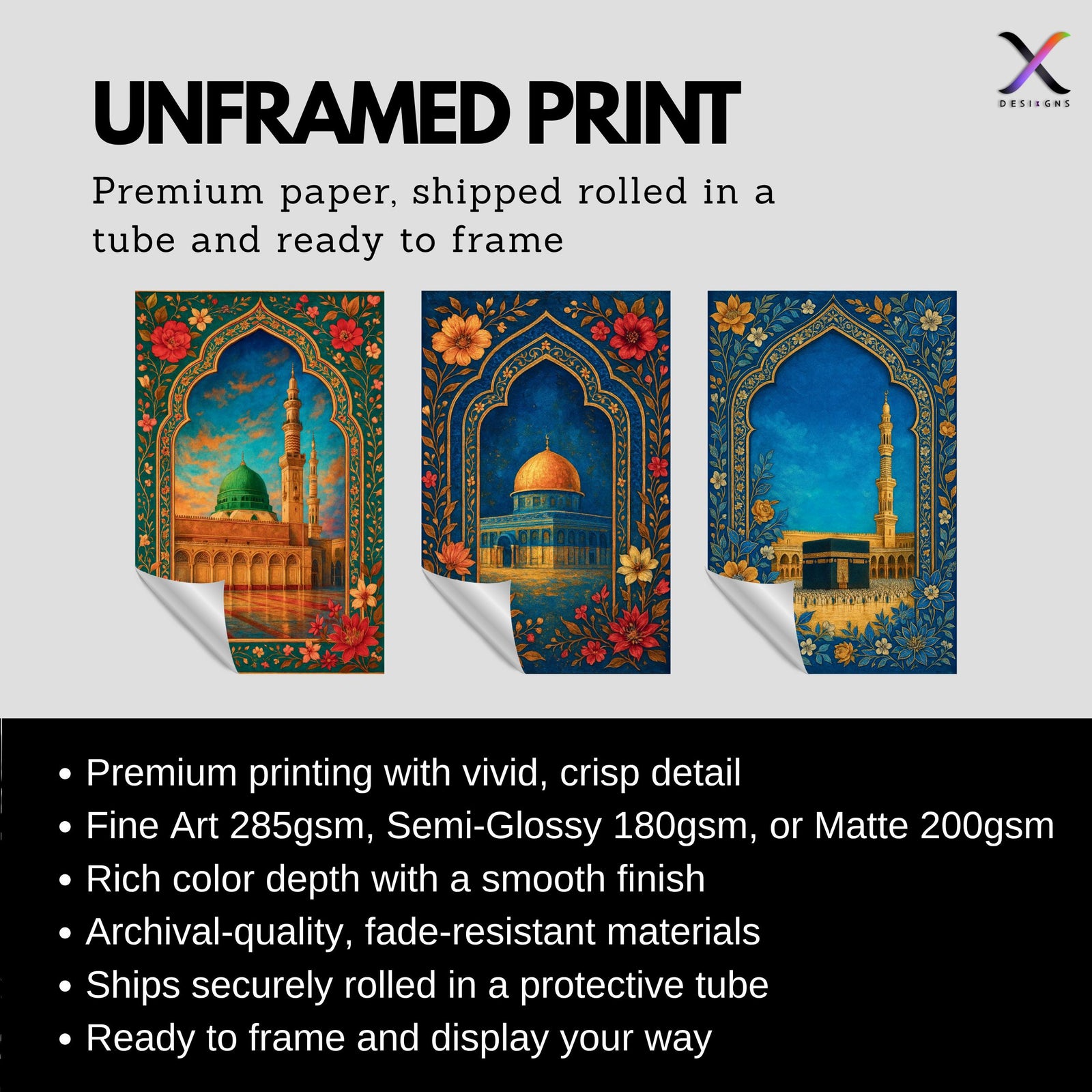 Set of 3 framed canvas triptych showing the Dome of the Rock, Al-Masjid An-Nabawi and Masjid Al-Haram inside ornate floral Islamic arches in rich blue and gold tones, displayed above a neutral sofa.
