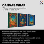 Set of 3 framed canvas triptych showing the Dome of the Rock, Al-Masjid An-Nabawi and Masjid Al-Haram inside ornate floral Islamic arches in rich blue and gold tones, displayed above a neutral sofa.