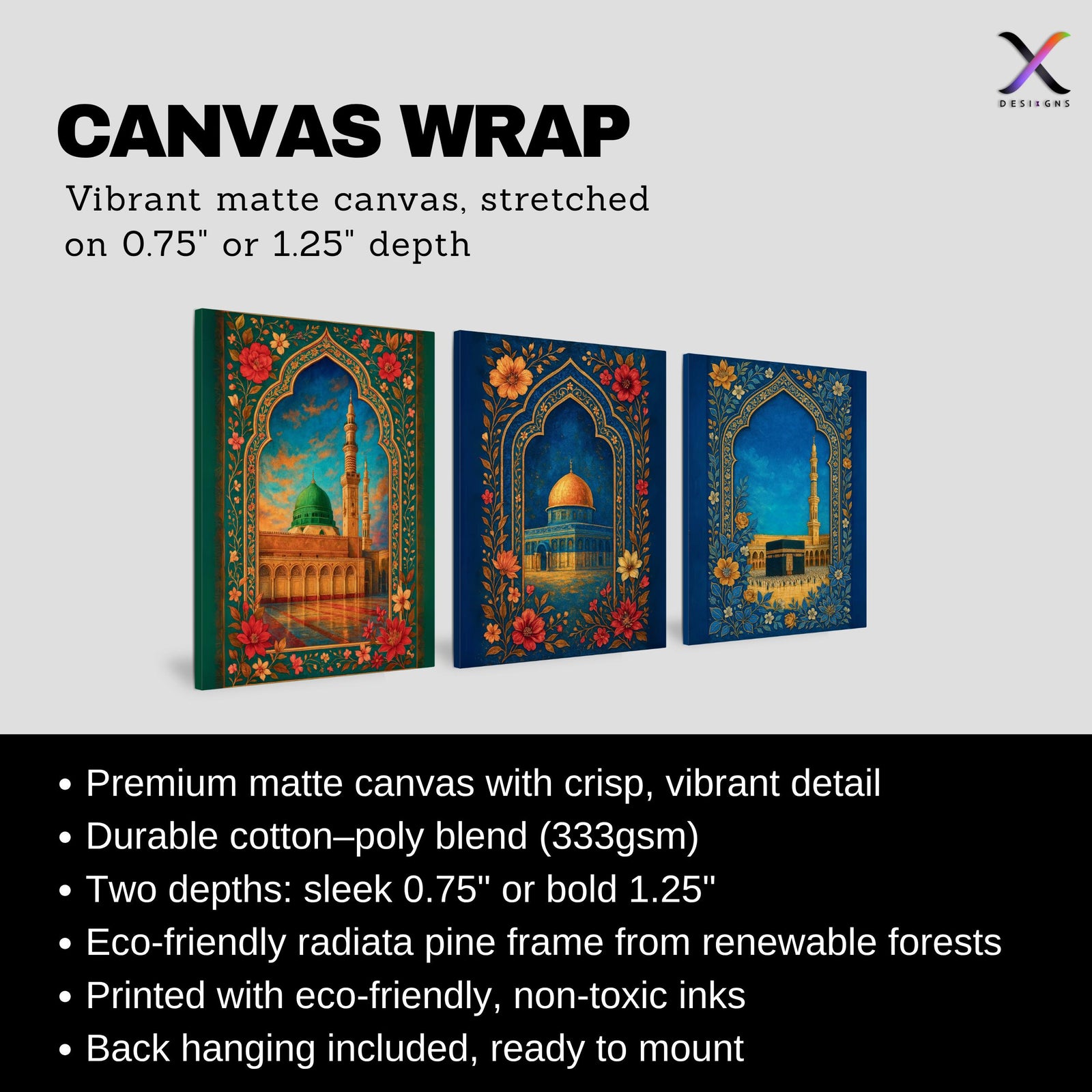 Set of 3 framed canvas triptych showing the Dome of the Rock, Al-Masjid An-Nabawi and Masjid Al-Haram inside ornate floral Islamic arches in rich blue and gold tones, displayed above a neutral sofa.