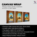 Set of 3 framed canvas triptych showing Al-Masjid An-Nabawi, the Kaaba and the Dome of the Rock viewed through realistic rustic sandstone arches with cobblestone courtyards under a bright blue sky, displayed above a neutral sofa.