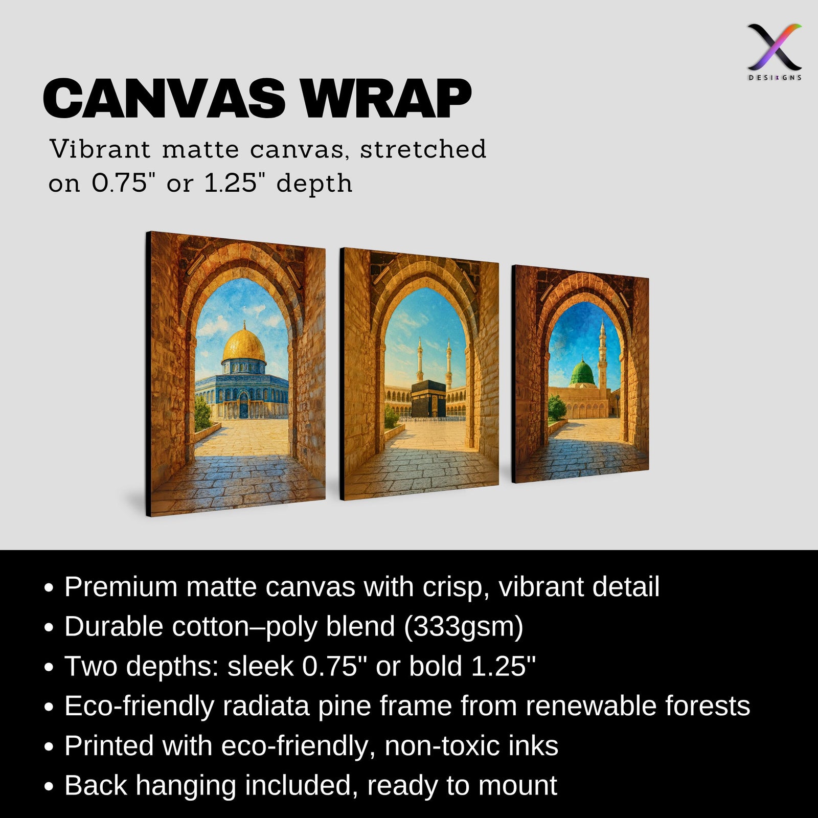 Set of 3 framed canvas triptych showing Al-Masjid An-Nabawi, the Kaaba and the Dome of the Rock viewed through realistic rustic sandstone arches with cobblestone courtyards under a bright blue sky, displayed above a neutral sofa.