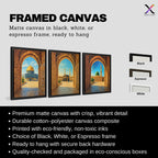Set of 3 framed canvas triptych showing Al-Masjid An-Nabawi, the Kaaba and the Dome of the Rock viewed through realistic rustic sandstone arches with cobblestone courtyards under a bright blue sky, displayed above a neutral sofa.