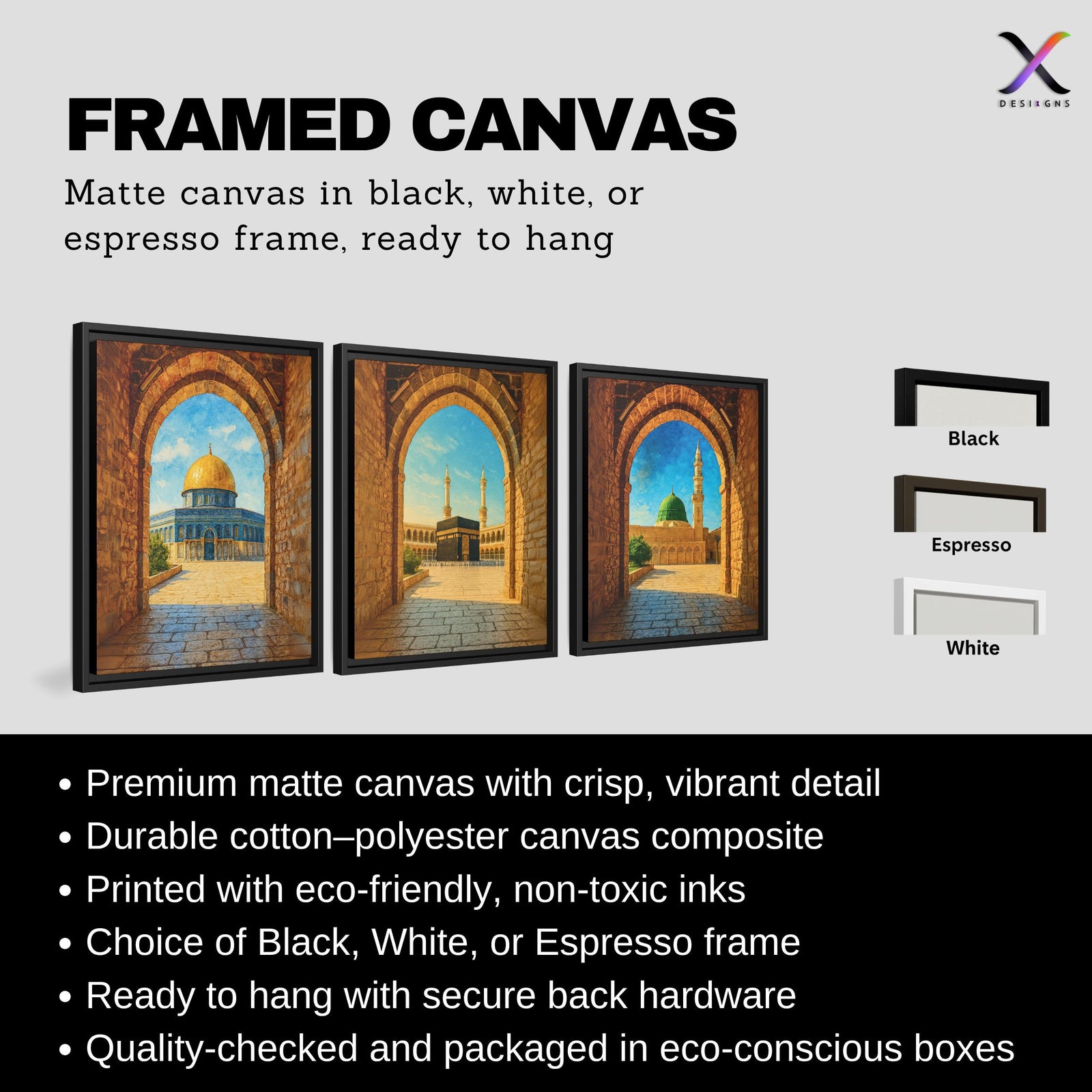 Set of 3 framed canvas triptych showing Al-Masjid An-Nabawi, the Kaaba and the Dome of the Rock viewed through realistic rustic sandstone arches with cobblestone courtyards under a bright blue sky, displayed above a neutral sofa.