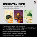 Set of 3 framed canvas triptych showing the Kaaba, Dome of the Rock and Al-Masjid An-Nabawi with oversized peony flowers and birds in flight, each panel on a distinct yellow, purple and green background.