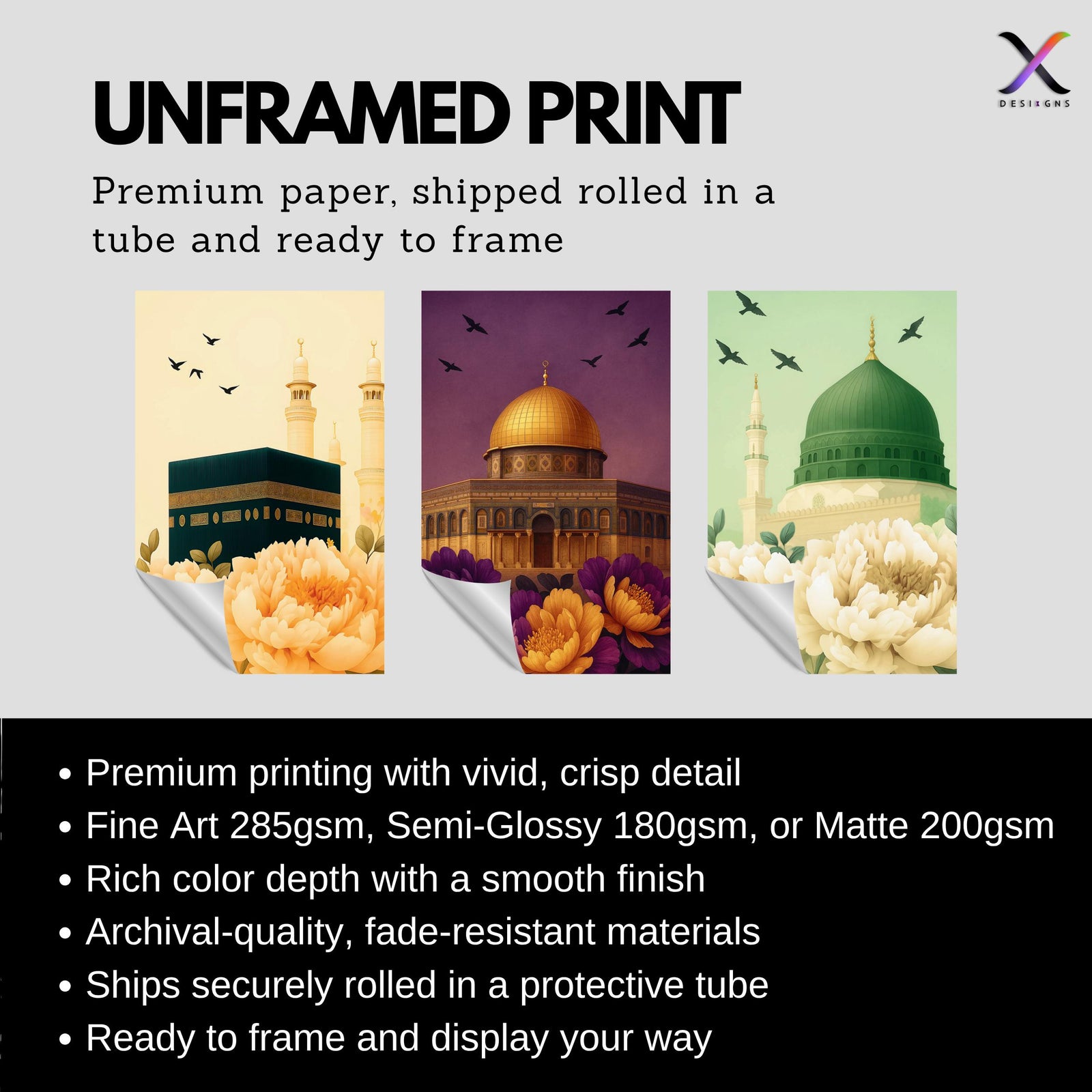 Set of 3 framed canvas triptych showing the Kaaba, Dome of the Rock and Al-Masjid An-Nabawi with oversized peony flowers and birds in flight, each panel on a distinct yellow, purple and green background.