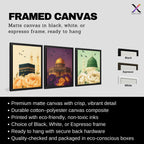 Set of 3 framed canvas triptych showing the Kaaba, Dome of the Rock and Al-Masjid An-Nabawi with oversized peony flowers and birds in flight, each panel on a distinct yellow, purple and green background.