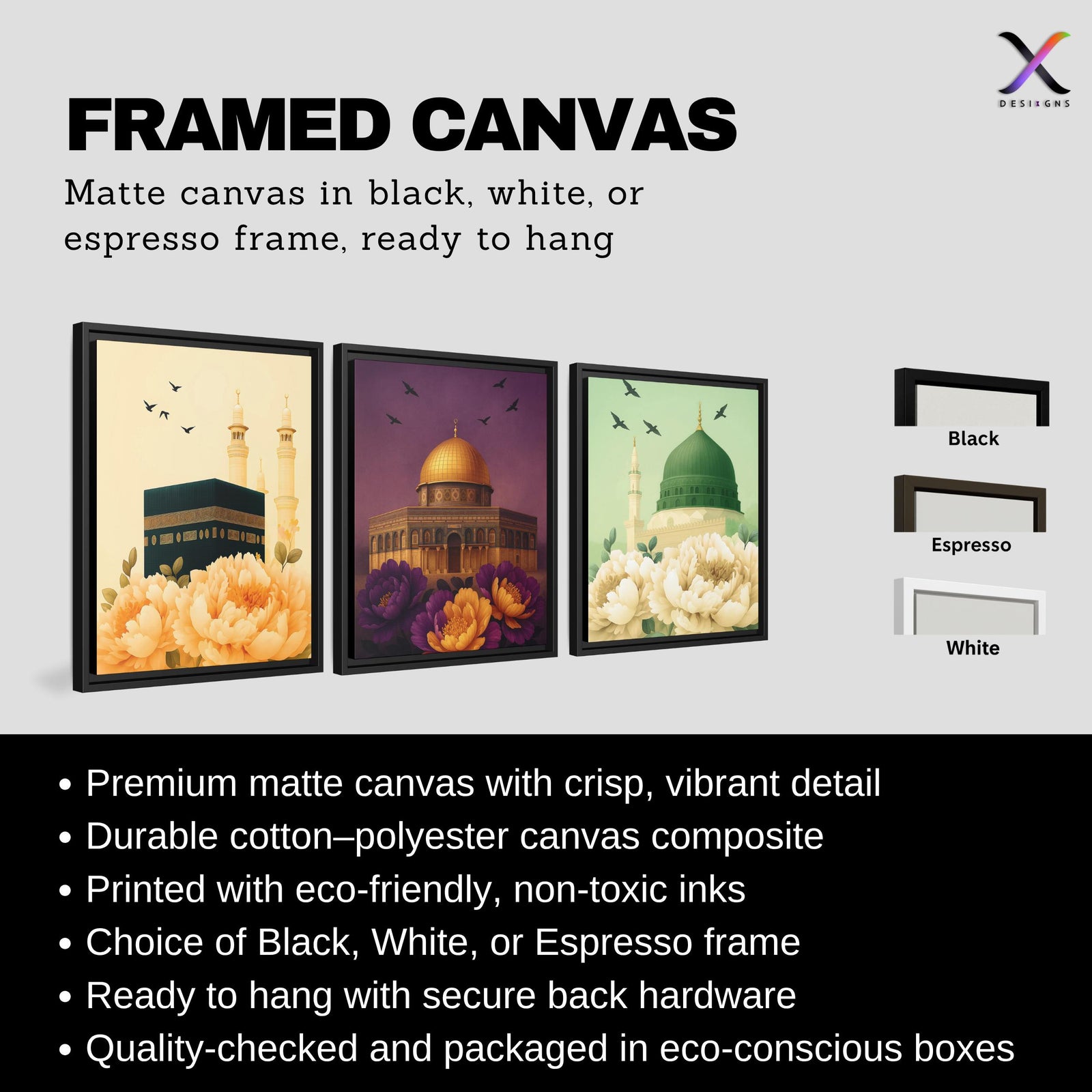 Set of 3 framed canvas triptych showing the Kaaba, Dome of the Rock and Al-Masjid An-Nabawi with oversized peony flowers and birds in flight, each panel on a distinct yellow, purple and green background.