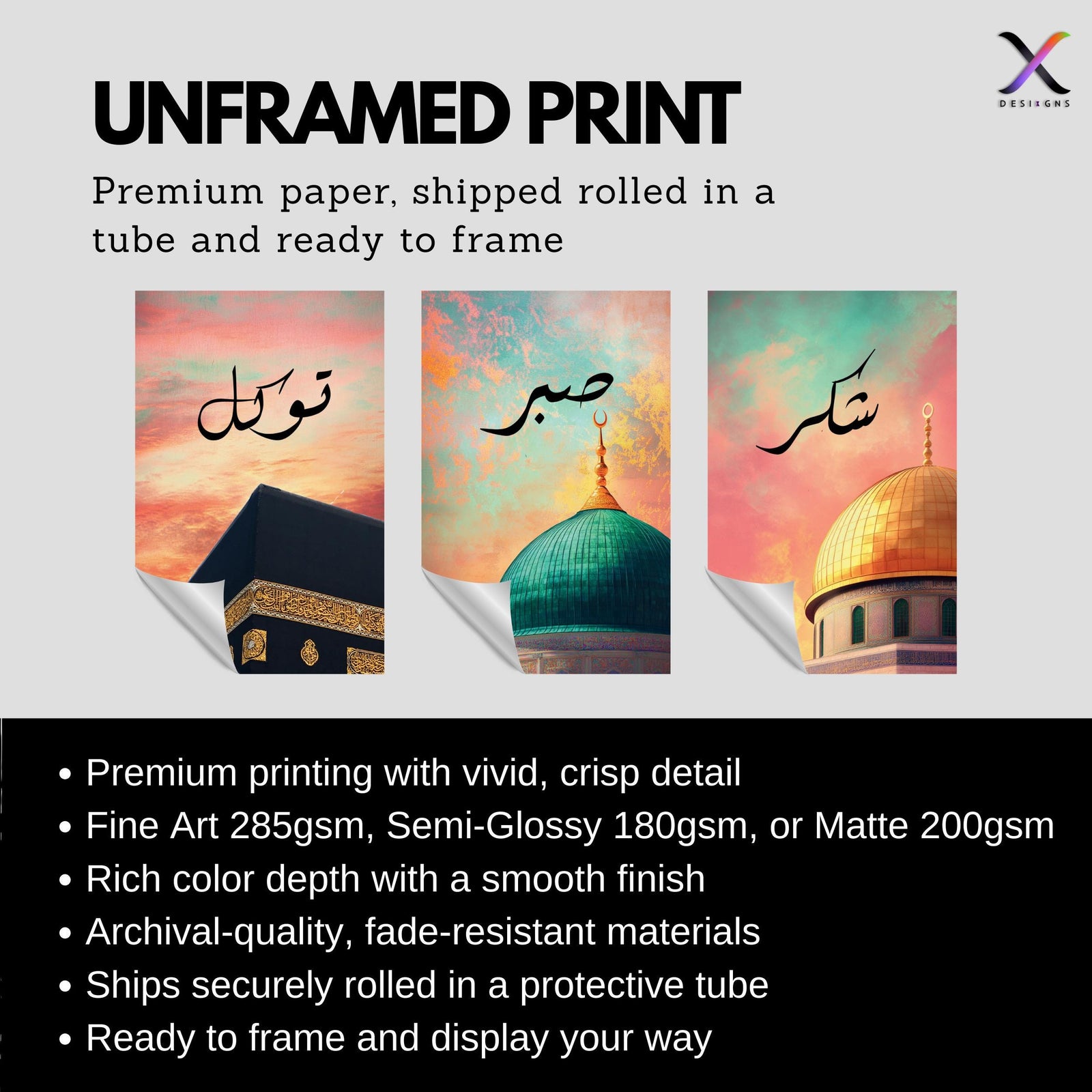Set of 3 framed canvas triptych with Shukr, Tawakkul and Sabr in Arabic calligraphy above close-up mosque domes against a dreamy coral and teal sunset sky, displayed above a neutral sofa in a modern living room.
