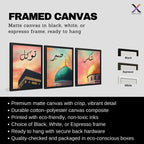 Set of 3 framed canvas triptych with Shukr, Tawakkul and Sabr in Arabic calligraphy above close-up mosque domes against a dreamy coral and teal sunset sky, displayed above a neutral sofa in a modern living room.