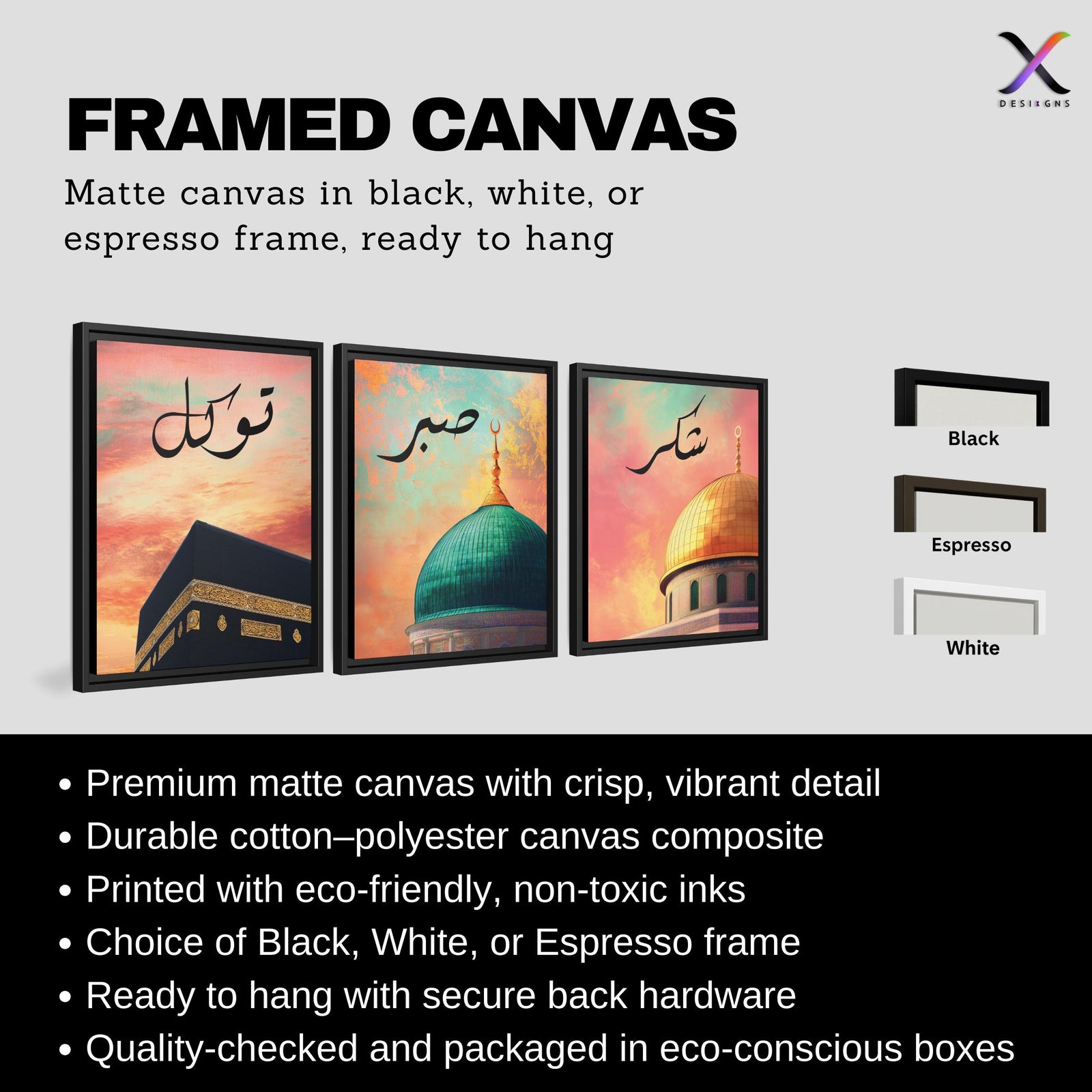 Set of 3 framed canvas triptych with Shukr, Tawakkul and Sabr in Arabic calligraphy above close-up mosque domes against a dreamy coral and teal sunset sky, displayed above a neutral sofa in a modern living room.