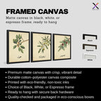 Set of 3 framed canvas triptych featuring botanical illustrations of olive, pine and walnut branches with Arabic calligraphy labels on a warm cream background, displayed above a neutral sofa in a modern living room.