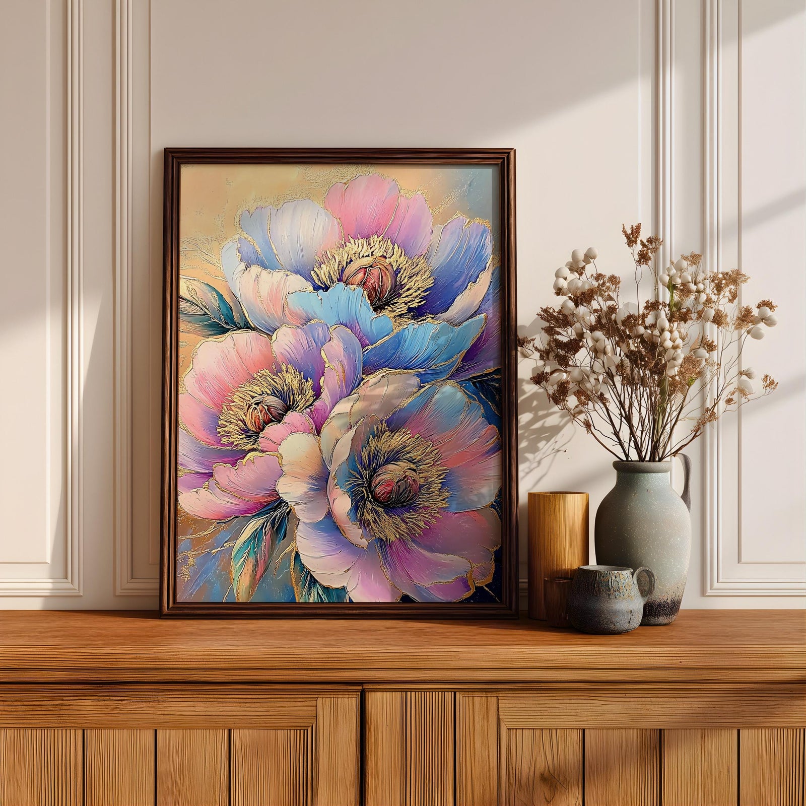 Peony Flower Wall Art Print: Modern Gold Botanical Decor (Digital / Print / Canvas / Framed)