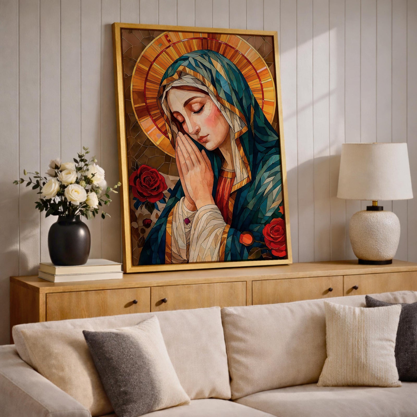 Stained Glass Virgin Mary Art: Blessed Mother Catholic Wall Print (Digital / Print / Canvas / Framed)