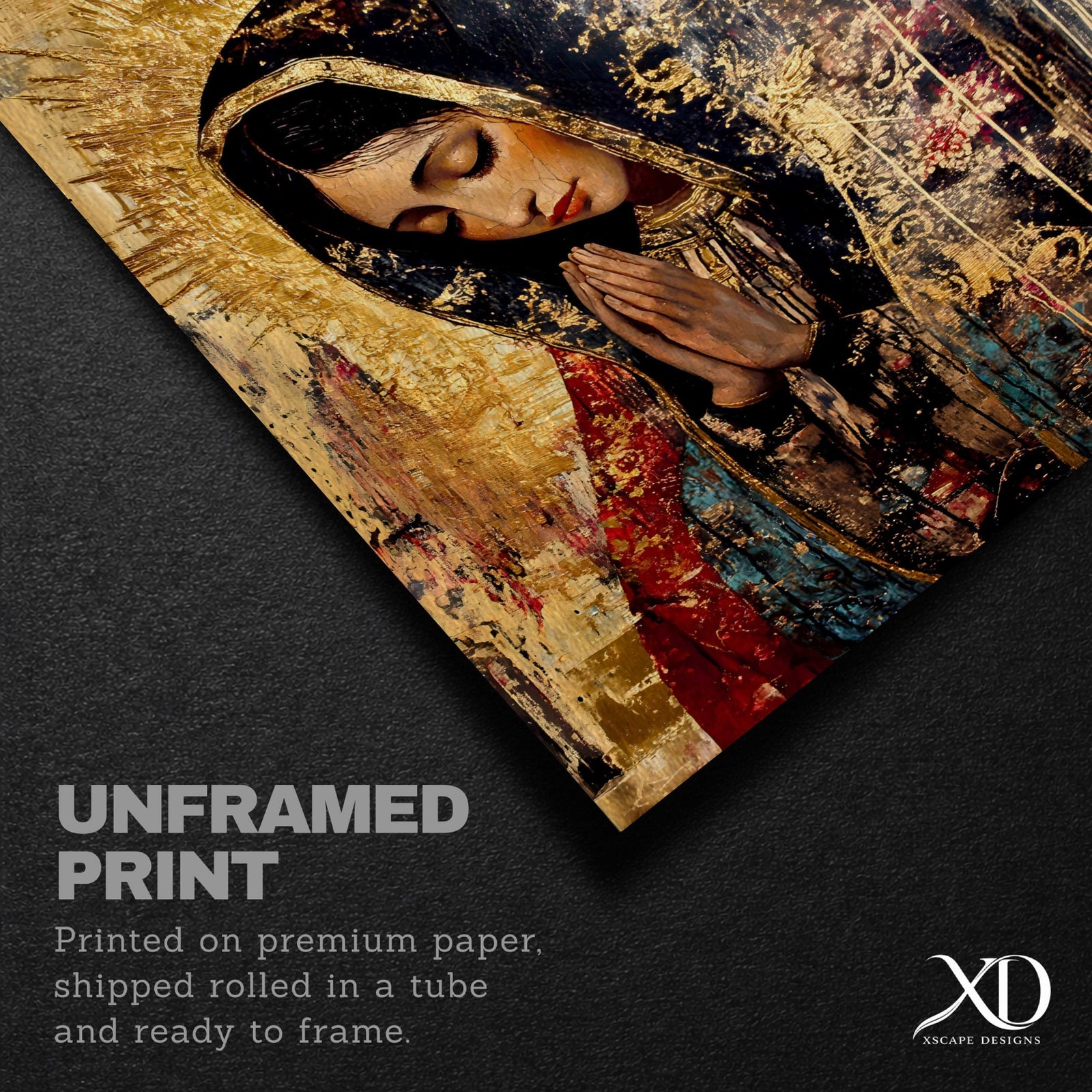 Virgin Mary Gold Wall Art Print: Catholic Sacred Icon Decor (Digital / Print / Canvas / Framed)
