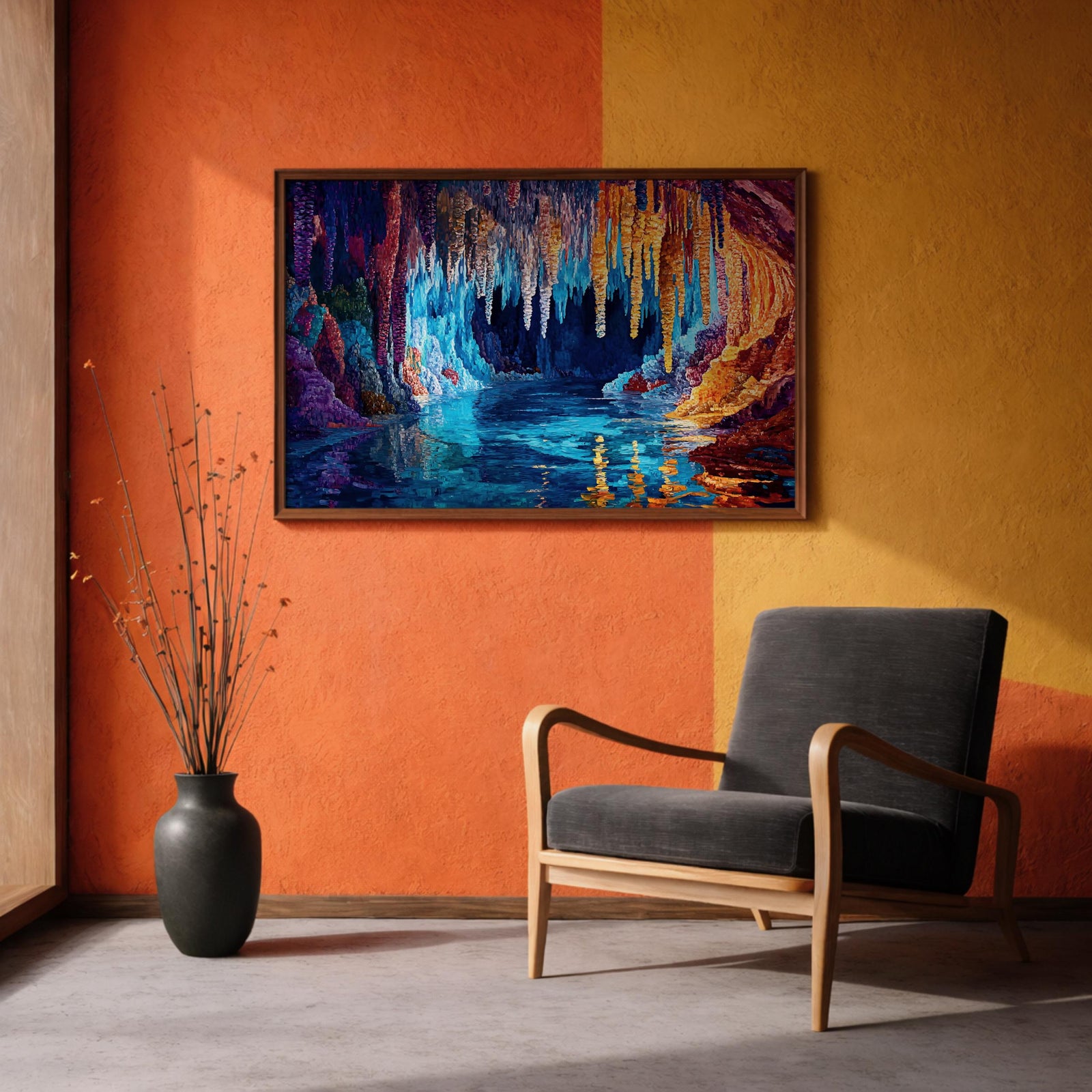 Fantasy Cave Painting: Vibrant Stalactite Grotto Art (Digital / Print / Canvas / Framed)