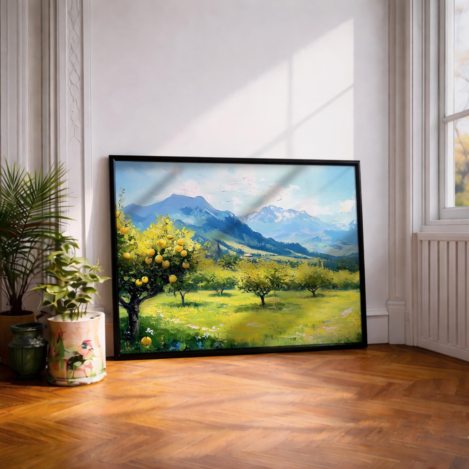 Lemon Orchard Wall Art: Mediterranean Coastal Landscape (Digital / Print / Canvas / Framed)