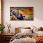 Santorini Sunset Art Print: Mediterranean Coastal Painting (Digital / Print / Canvas / Framed)