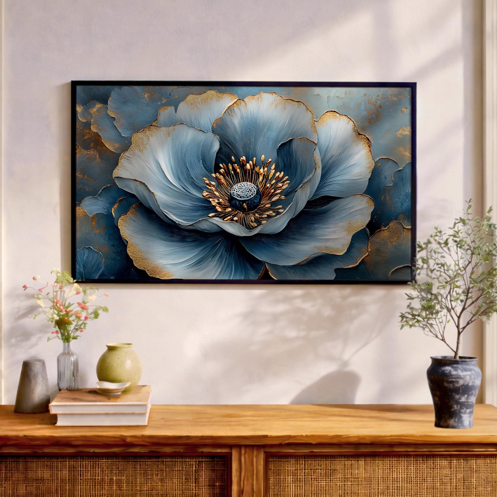 Blue Flower Oil Painting Print: Elegant Botanical Wall Art (Digital / Print / Canvas / Framed)