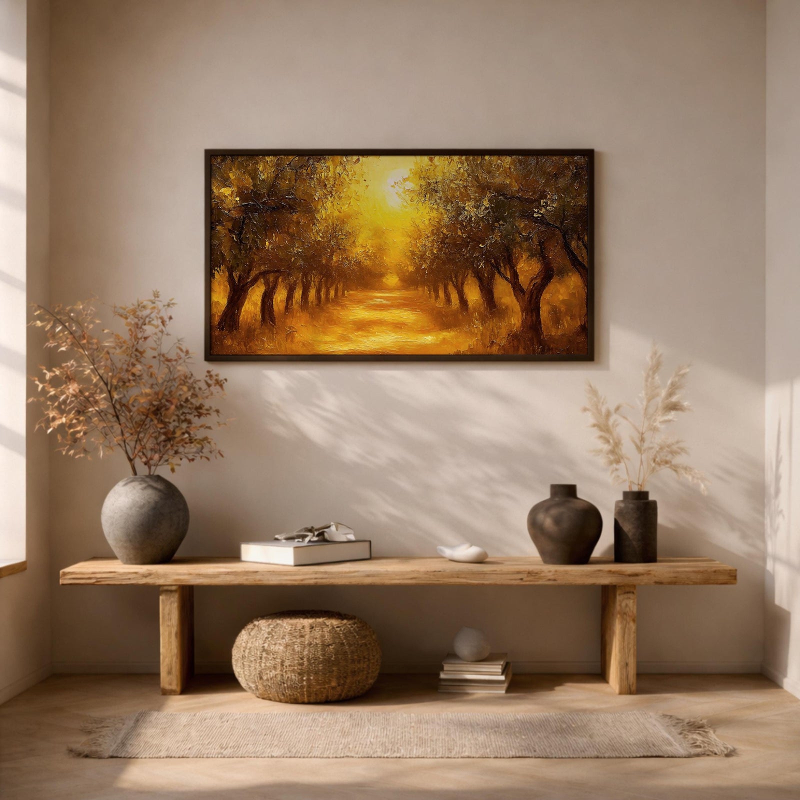 Golden Olive Grove Landscape Print: Rustic Mediterranean Art (Digital / Print / Canvas / Framed)