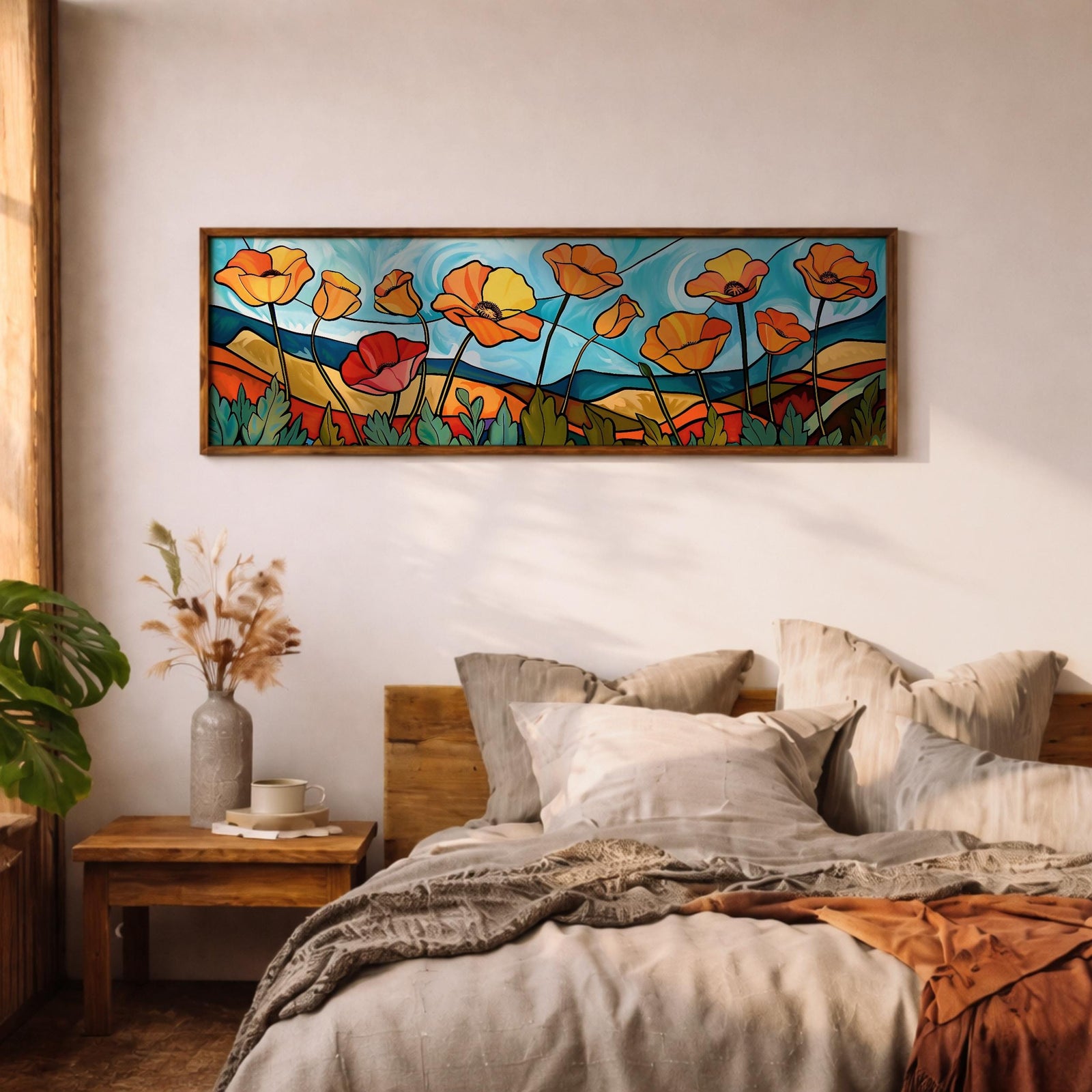 Poppy Field Stained Glass Wall Art Print: Bright Floral Landscape (Digital / Canvas / Framed)