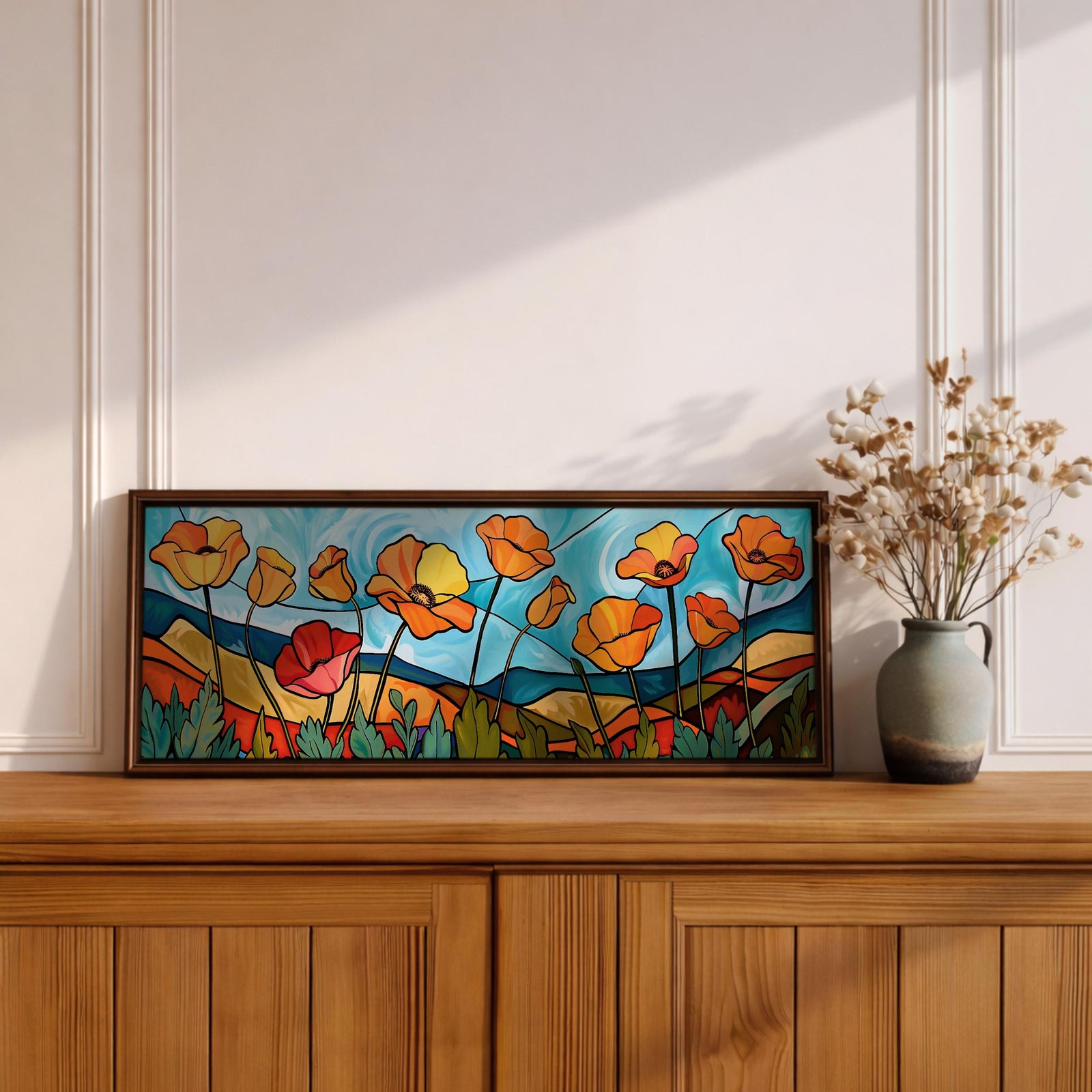 Poppy Field Stained Glass Wall Art Print: Bright Floral Landscape (Digital / Canvas / Framed)