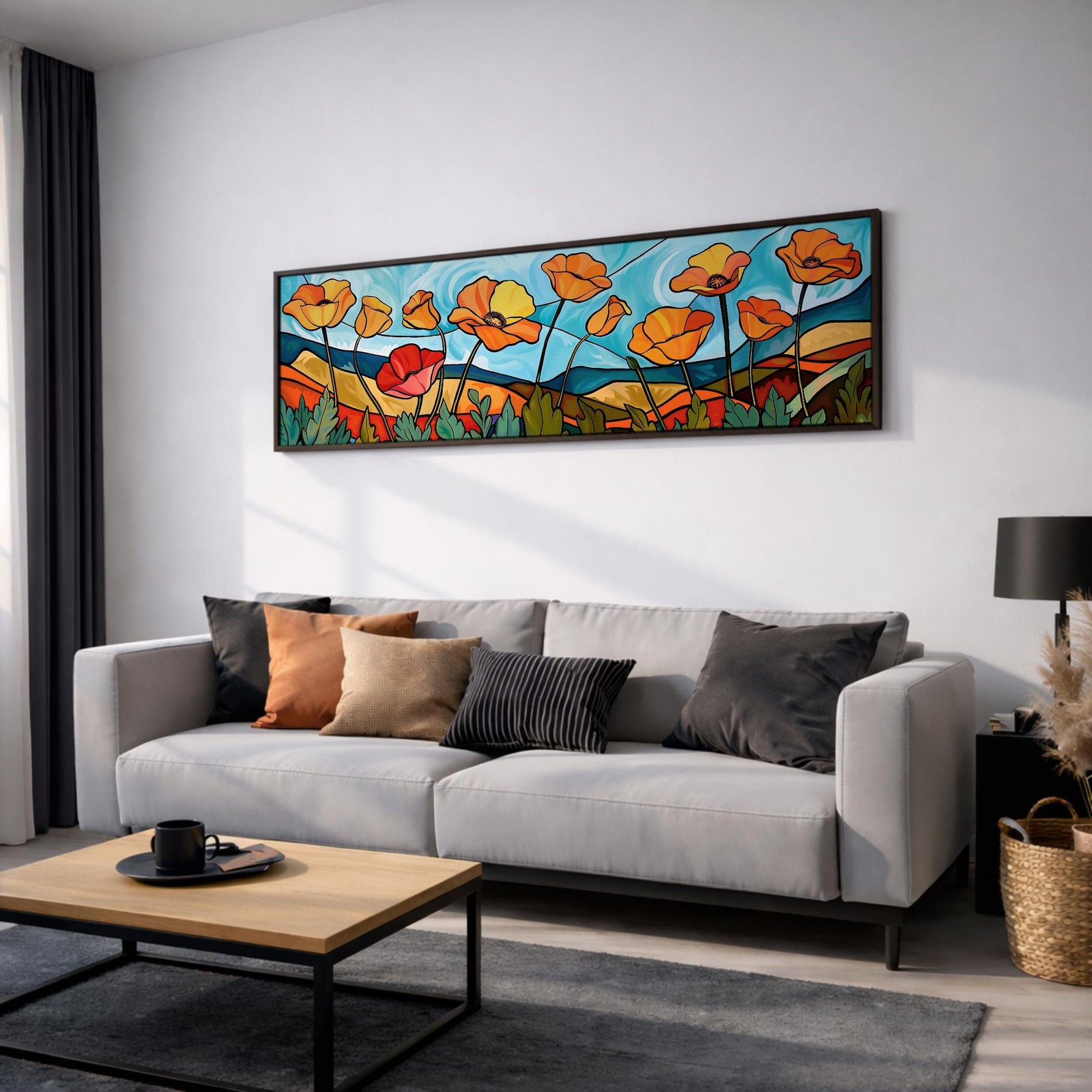 Poppy Field Stained Glass Wall Art Print: Bright Floral Landscape (Digital / Canvas / Framed)