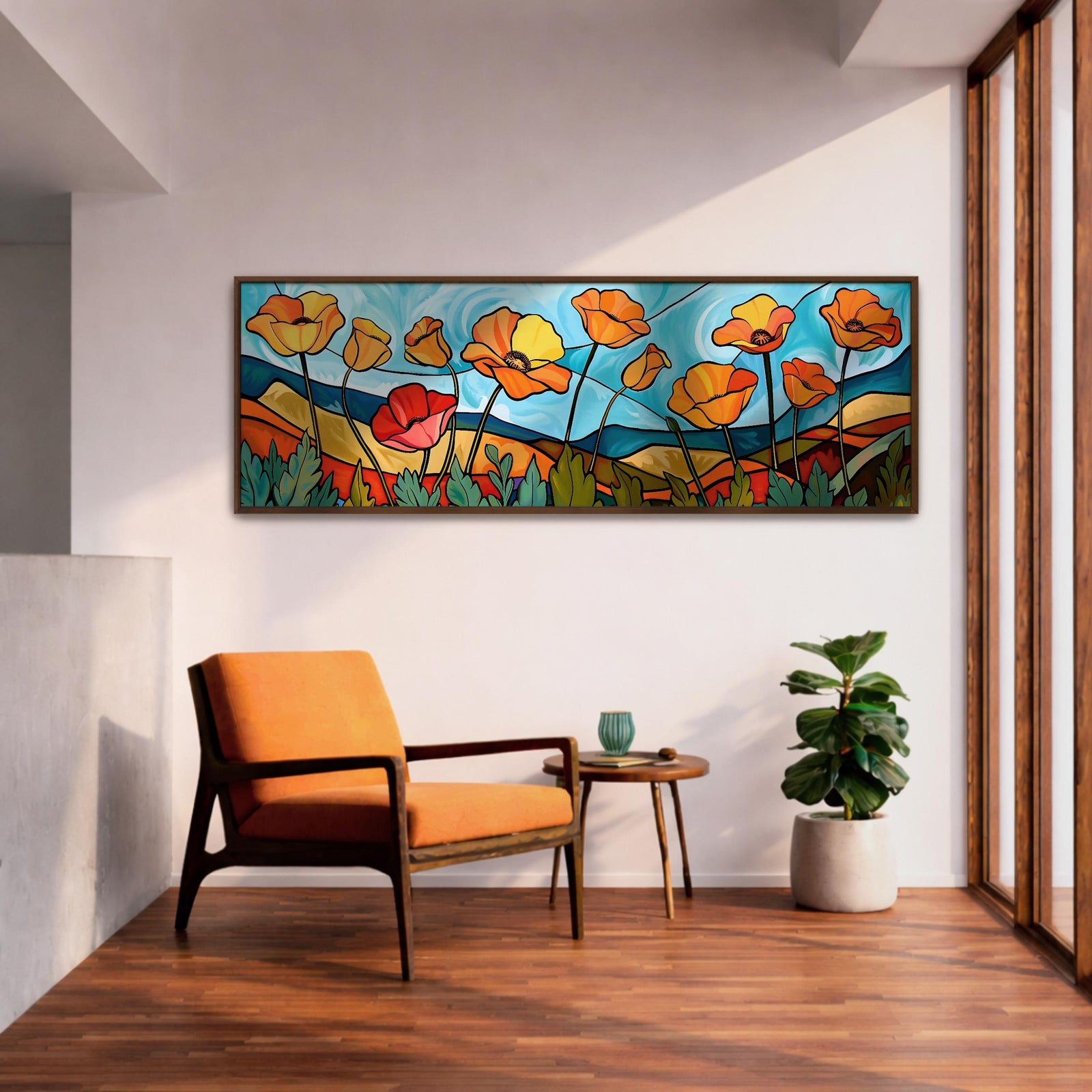 Poppy Field Stained Glass Wall Art Print: Bright Floral Landscape (Digital / Canvas / Framed)