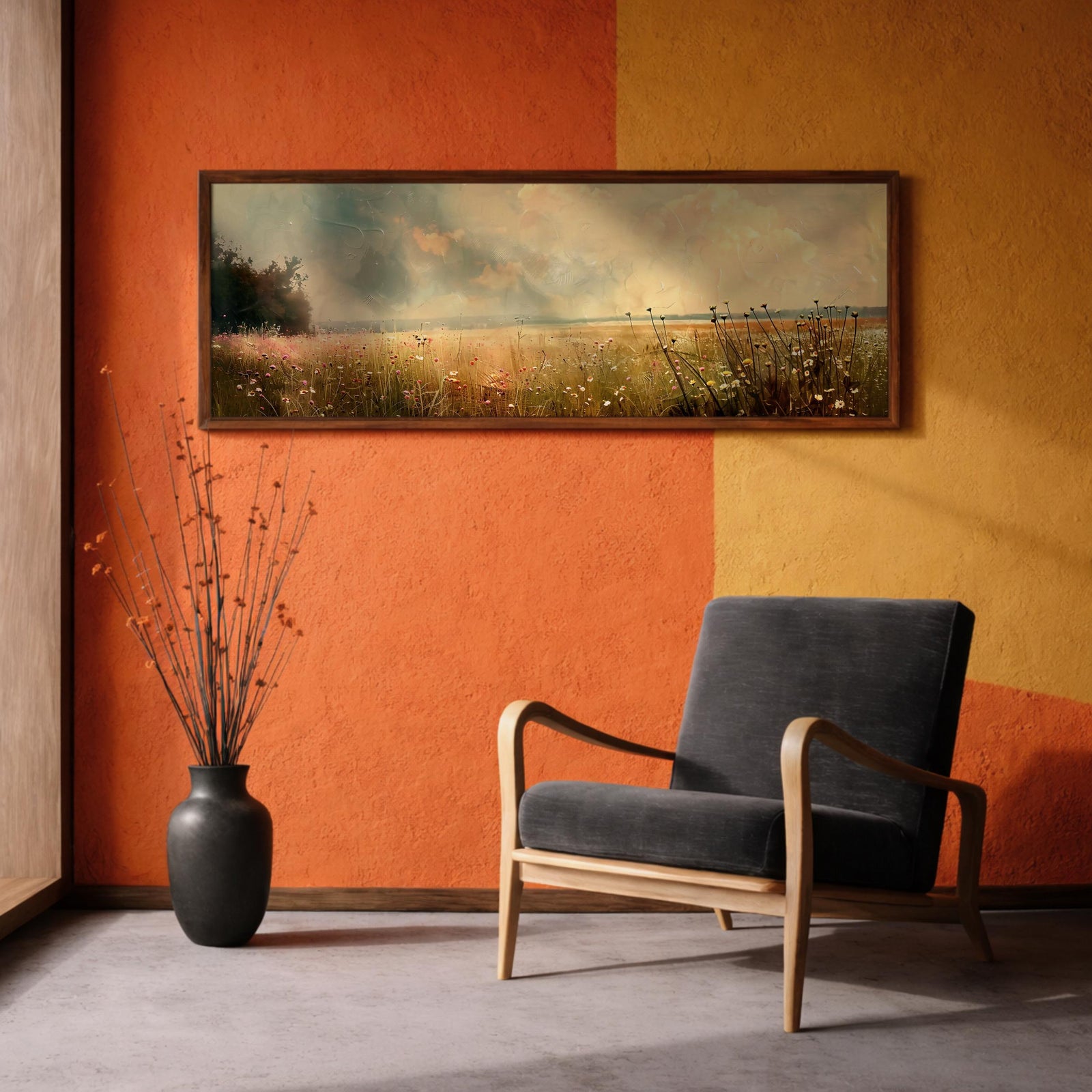 Wildflower Meadow Landscape Painting: Rustic Farmhouse Wall Art (Digital / Canvas / Framed)