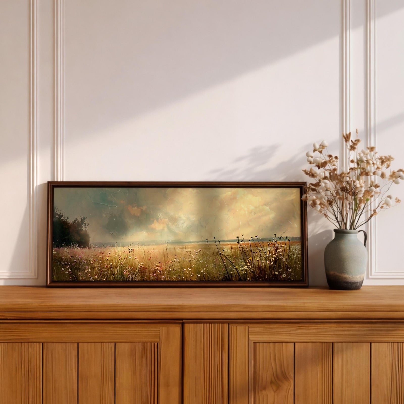 Wildflower Meadow Landscape Painting: Rustic Farmhouse Wall Art (Digital / Canvas / Framed)