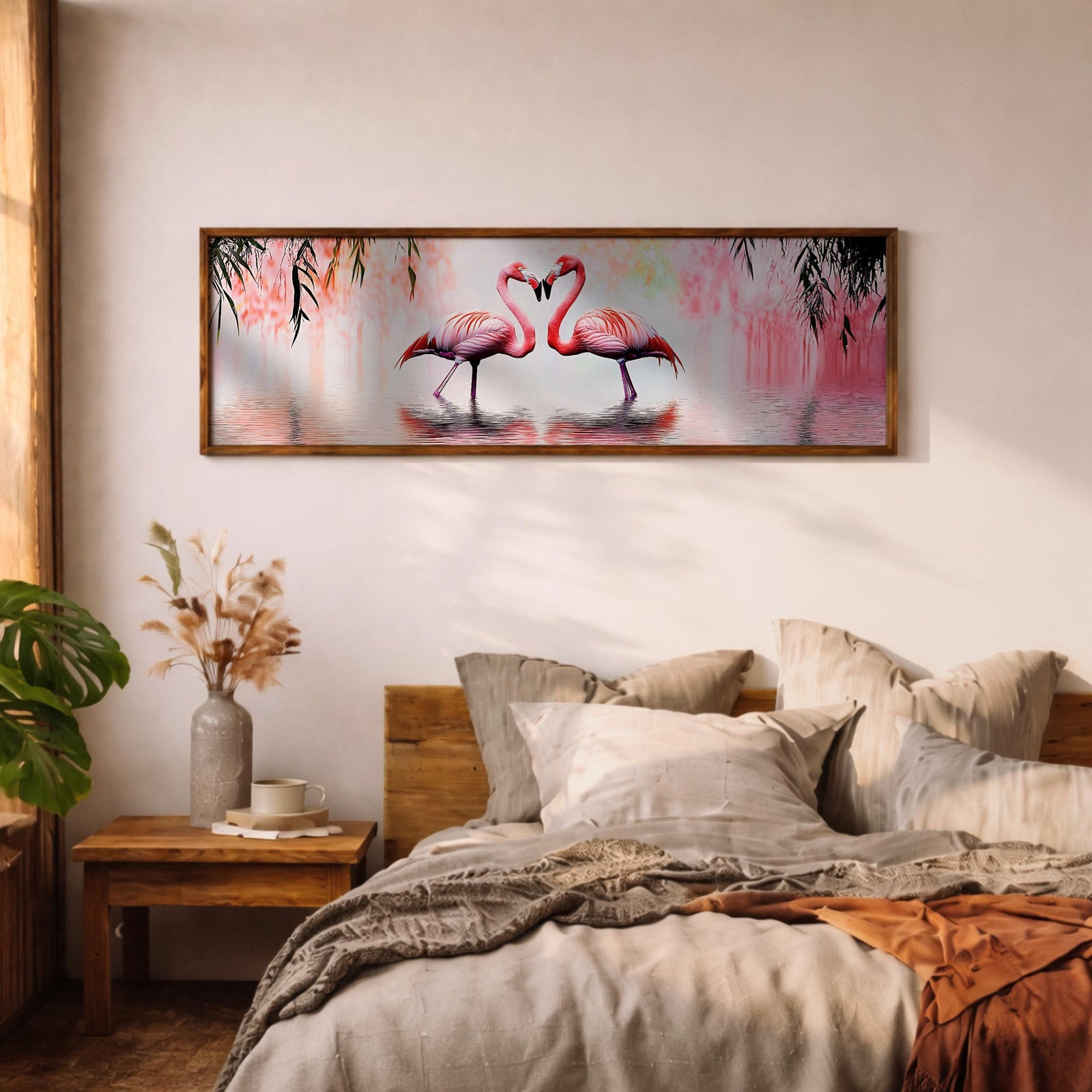 Pink Flamingo Wall Art Print: Tropical Birds Panoramic Decor (Digital / Canvas / Framed)
