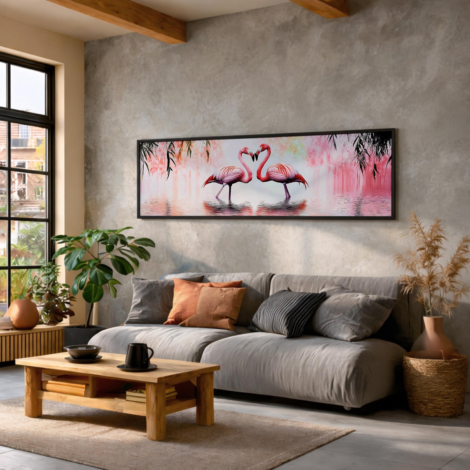 Pink Flamingo Wall Art Print: Tropical Birds Panoramic Decor (Digital / Canvas / Framed)