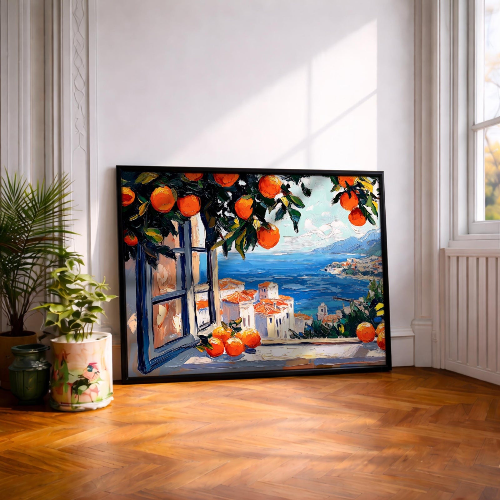 Mediterranean Window Art Print: Coastal Orange Tree View (Digital / Print / Canvas / Framed)