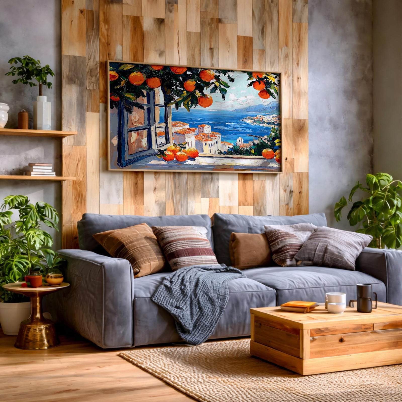 Mediterranean Window Art Print: Coastal Orange Tree View (Digital / Print / Canvas / Framed)