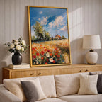 An impasto style painting depicting a vibrant Tuscan wildflower field with red and white flowers in the foreground, a rustic house with a red roof in the distance, and a bright blue sky with fluffy clouds, capturing the essence of a peaceful countryside landscape.