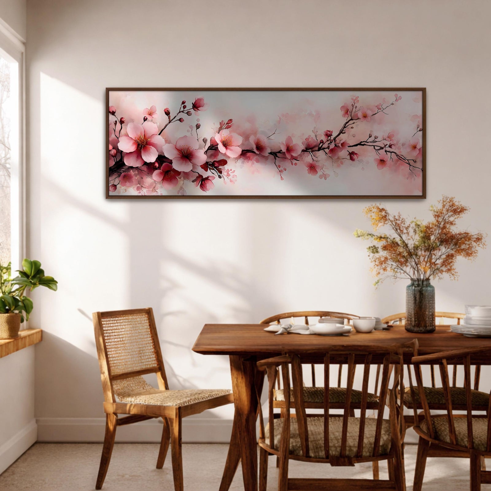 Panoramic painting of a cherry blossom branch stretching across the composition with soft pink sakura flowers and delicate buds blooming along dark slender branches. The artwork features watercolor inspired brushwork and gentle gradients of blush pink and white against a light background, forming a tranquil horizontal floral composition.