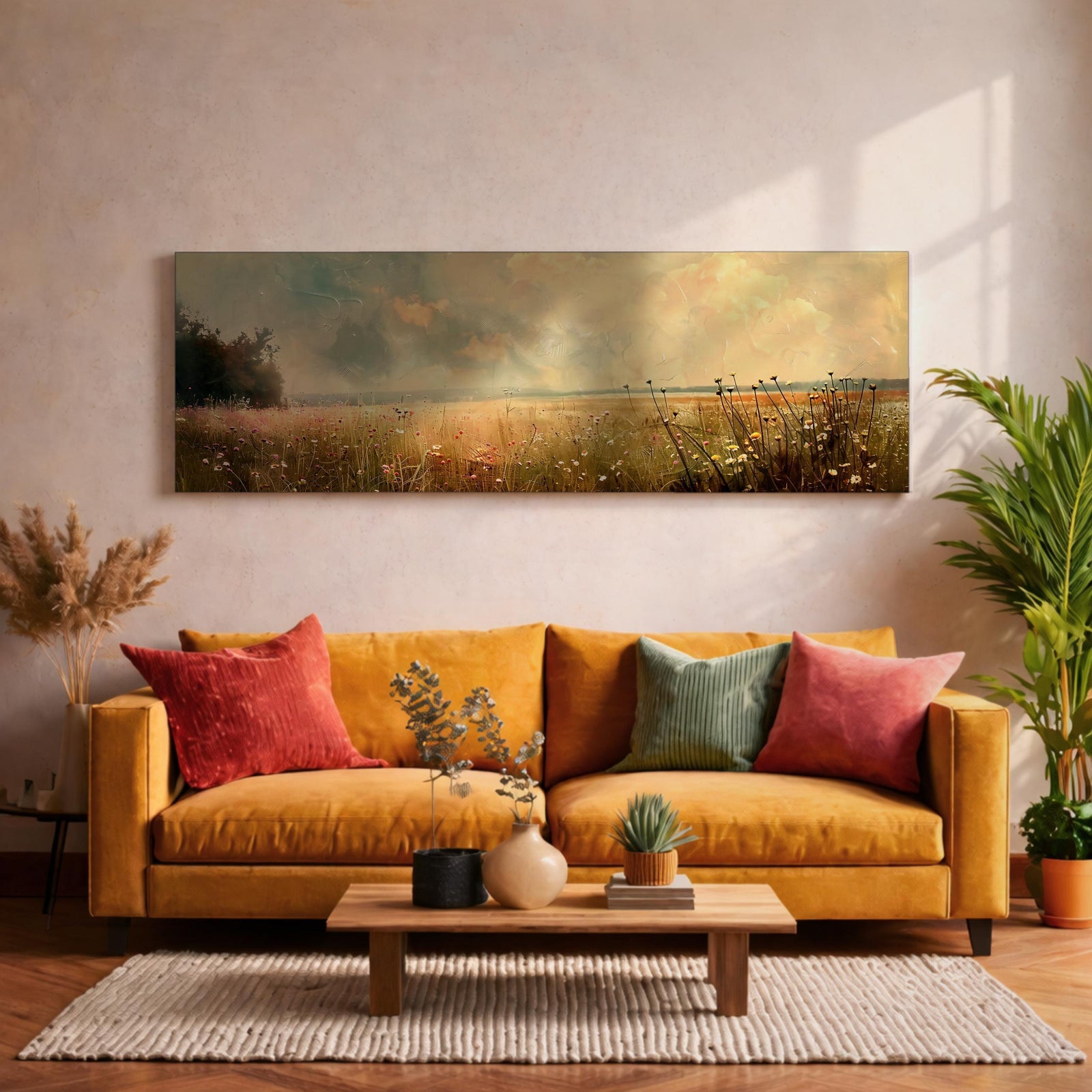 Panoramic landscape painting of a wildflower meadow filled with tall grasses and scattered field flowers stretching across an open prairie beneath a glowing golden sky. Soft impressionistic brushstrokes capture sunlight filtering through clouds while distant trees and textured blooms create depth across the wide horizontal scene.