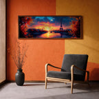 Panoramic painting of the Eiffel Tower rising above the Seine River at sunset with a glowing sky of orange, red, and deep blue clouds. Autumn trees with vibrant red foliage frame the riverbanks while warm reflections shimmer across the water and a distant bridge stretches across the illuminated Paris skyline.